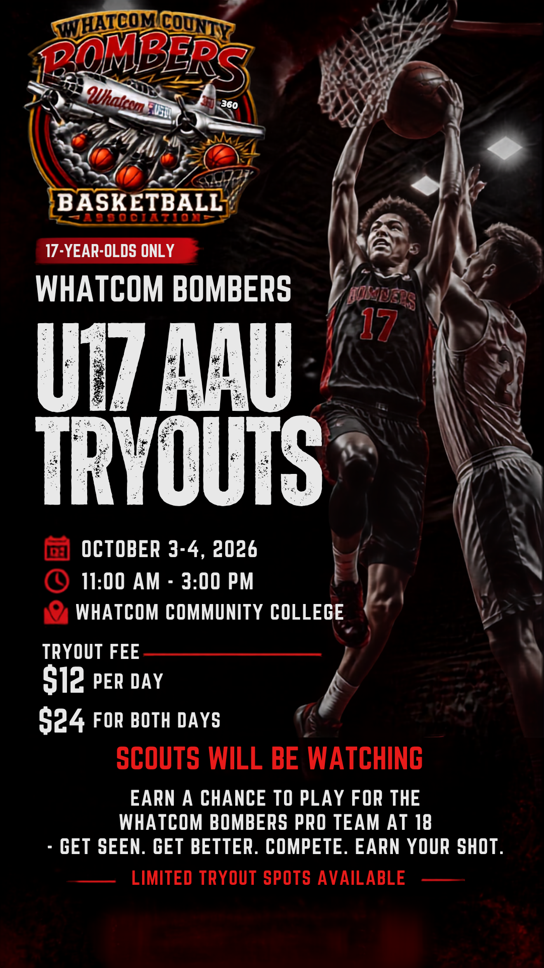 Whatcom Bombers U17 AAU Tryouts flyer