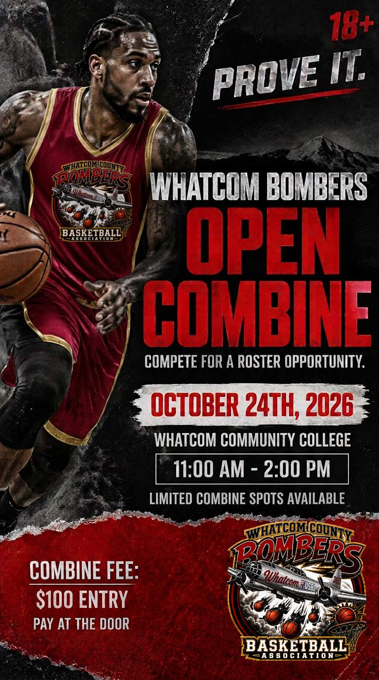 Whatcom Bombers Open Combine flyer: October 24, 2026 at Whatcom Community College, 11 AM to 2 PM. $100 entry.